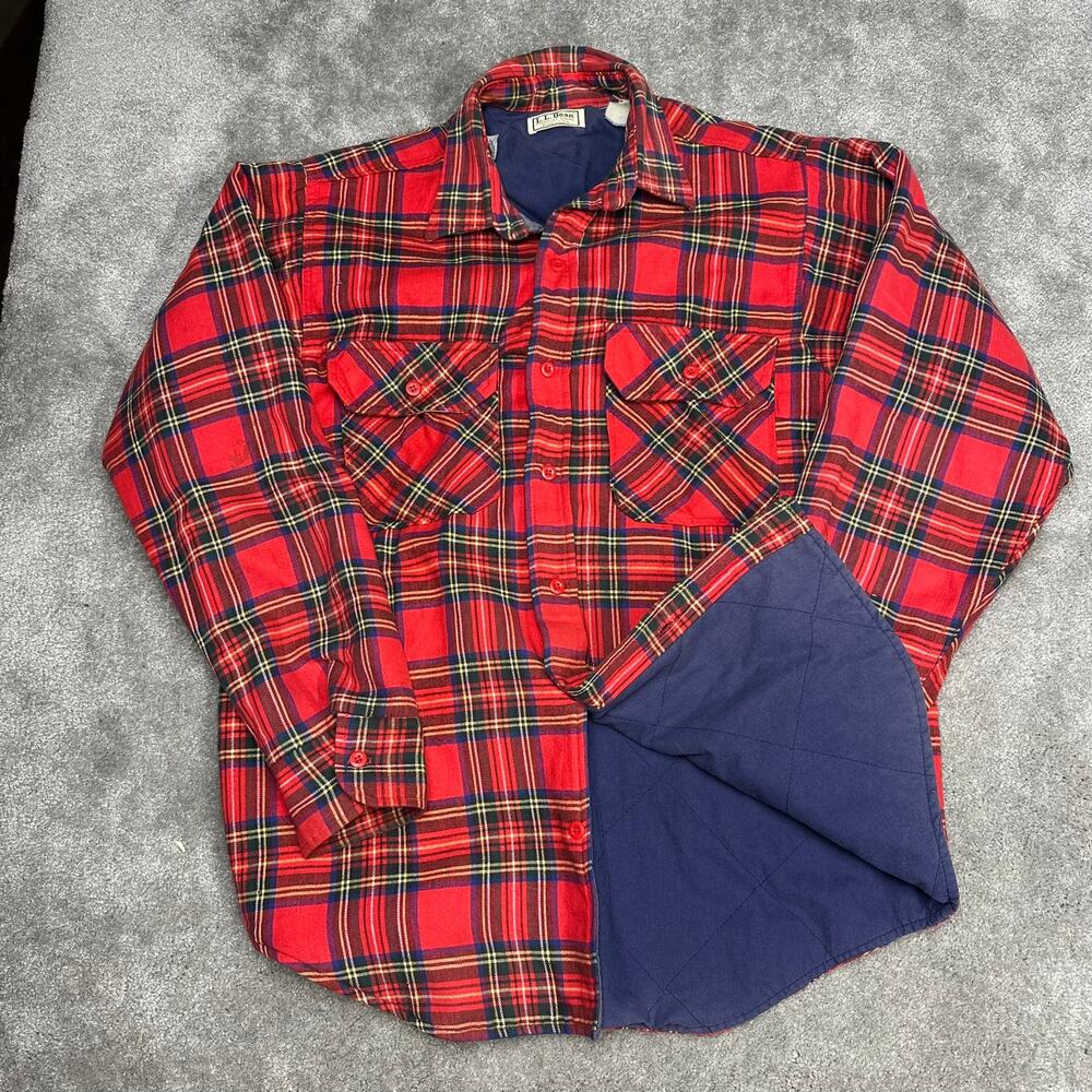 Vintage 1980's LL Bean Plaid Button Up Quilted‎ Lined Shirt Size Large Gorpcore